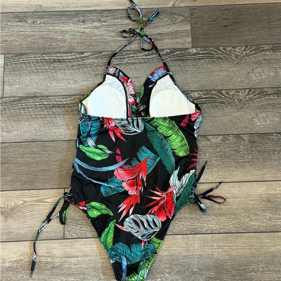 NWT Women Black Floral Deep V Neck Halter Plunging Backless One Piece Swimsuit - Picture 6 of 10